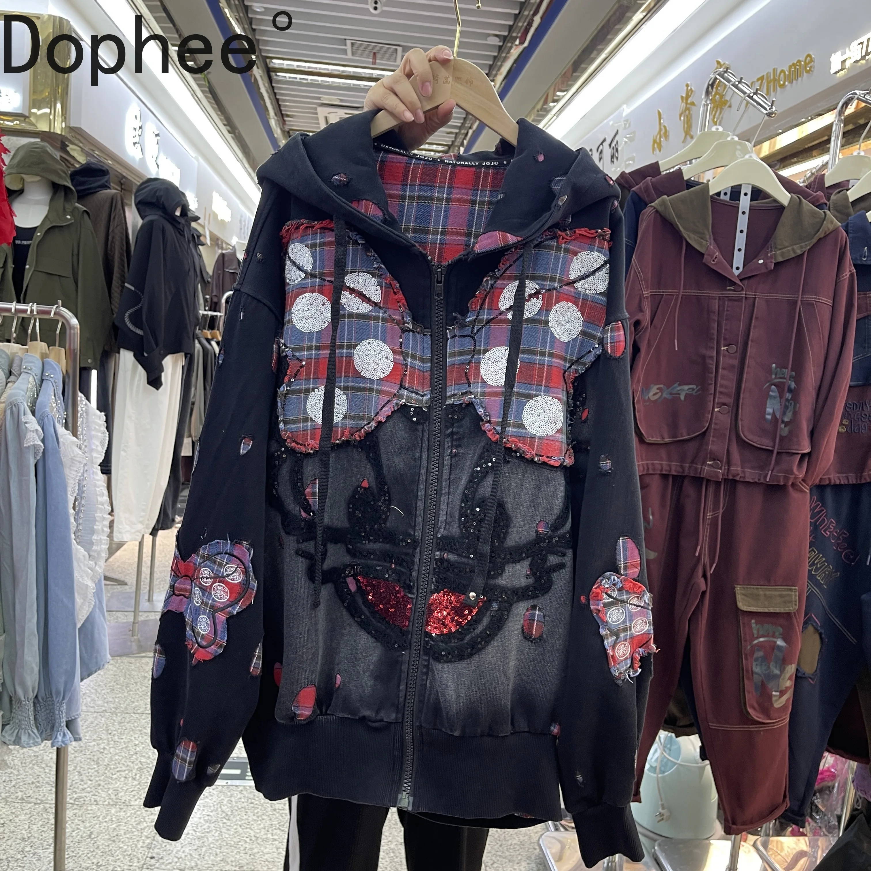 

Fashion 2025 New Autumn Women Loose Sweatshirt Cartoon Embroidery Zip Cardigans Coat Mid-long Long Sleeve Casual Hooded Jacket