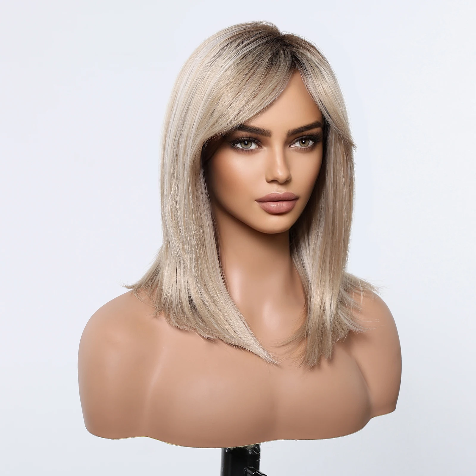 Synthetic Blonde Mixed Platinum Straight Wigs Medium Length Dark Root Wig With Bangs for Women Daily Party Heat Resistant image 3