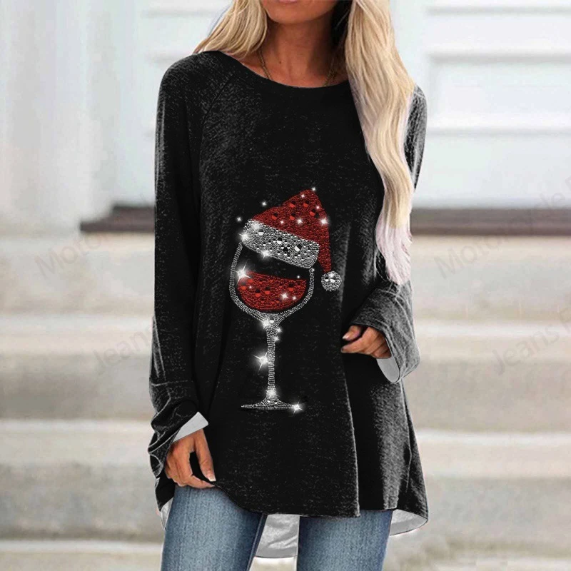 Christmas Snowman 3d Print Long Sleeve T-shirt Women Fashion Crewneck Long Tunic Tops Women Falls Wine Glass Clothing Femme Tops