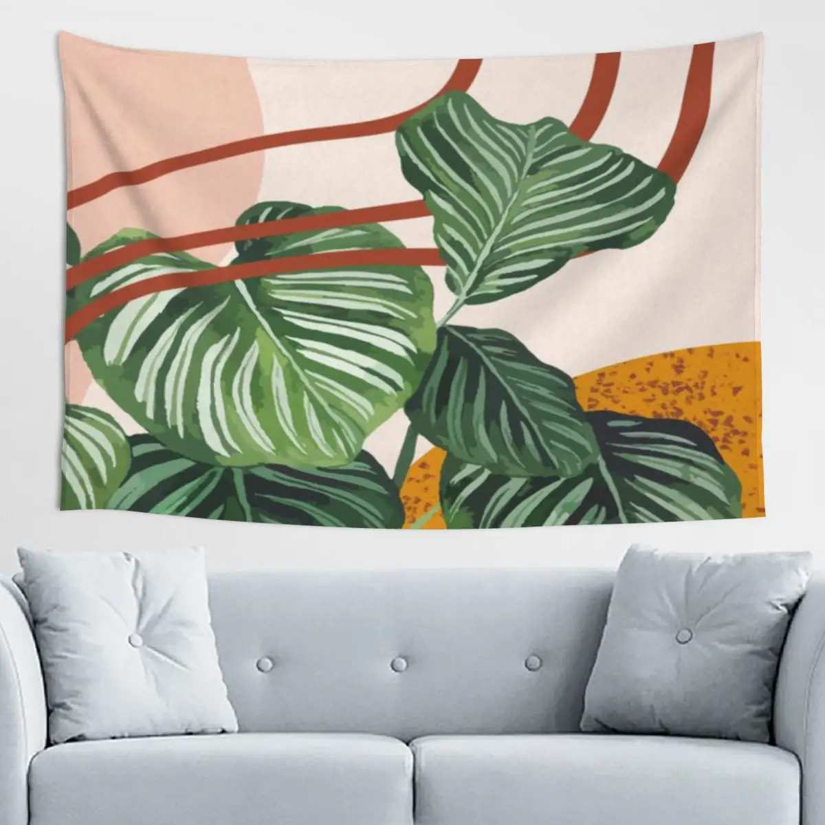 Tapiz Abstracto de Estilo Moderno de Mediados de Siglo con Ilustración de Planta Calathea Orbifolia, Tapiz Floral Bohemio con Diseño de Bosque y Luna