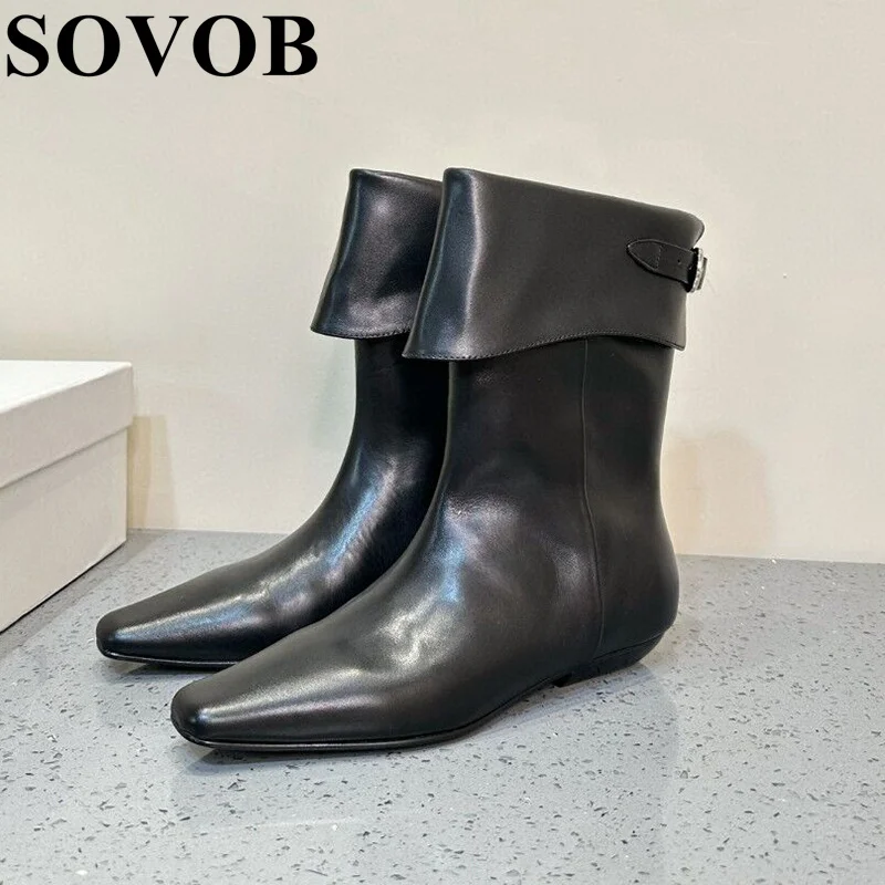 

New Spring Autumn Genuine Leather Square Toe Short Boots Women Flat Bottomed Low Heel British Style Chelsea Boots Ankle Boots