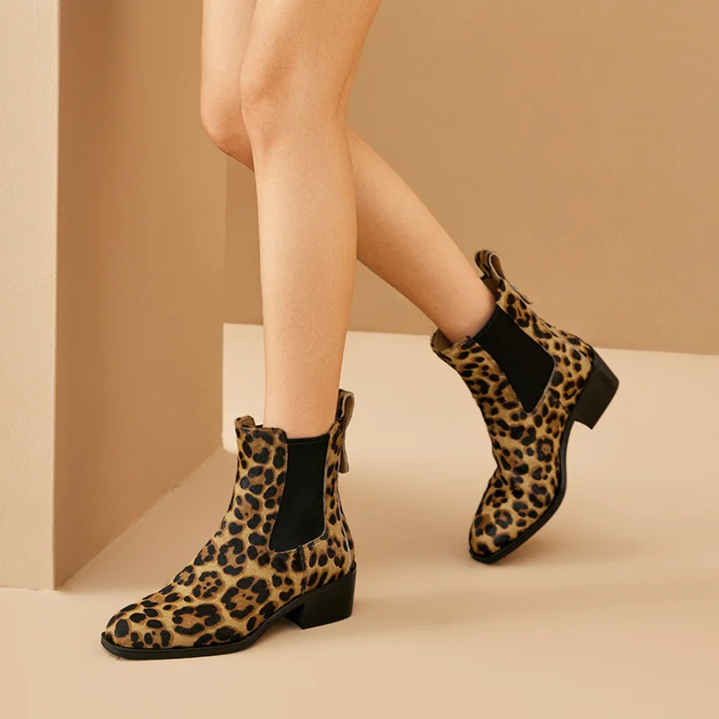 BEAUTODAY Leopard Print Chelsea Boots Women Cowhide Sqaure Toe Elastic Band New Trend Fashion Ankle Boots Female Handmade 03D46