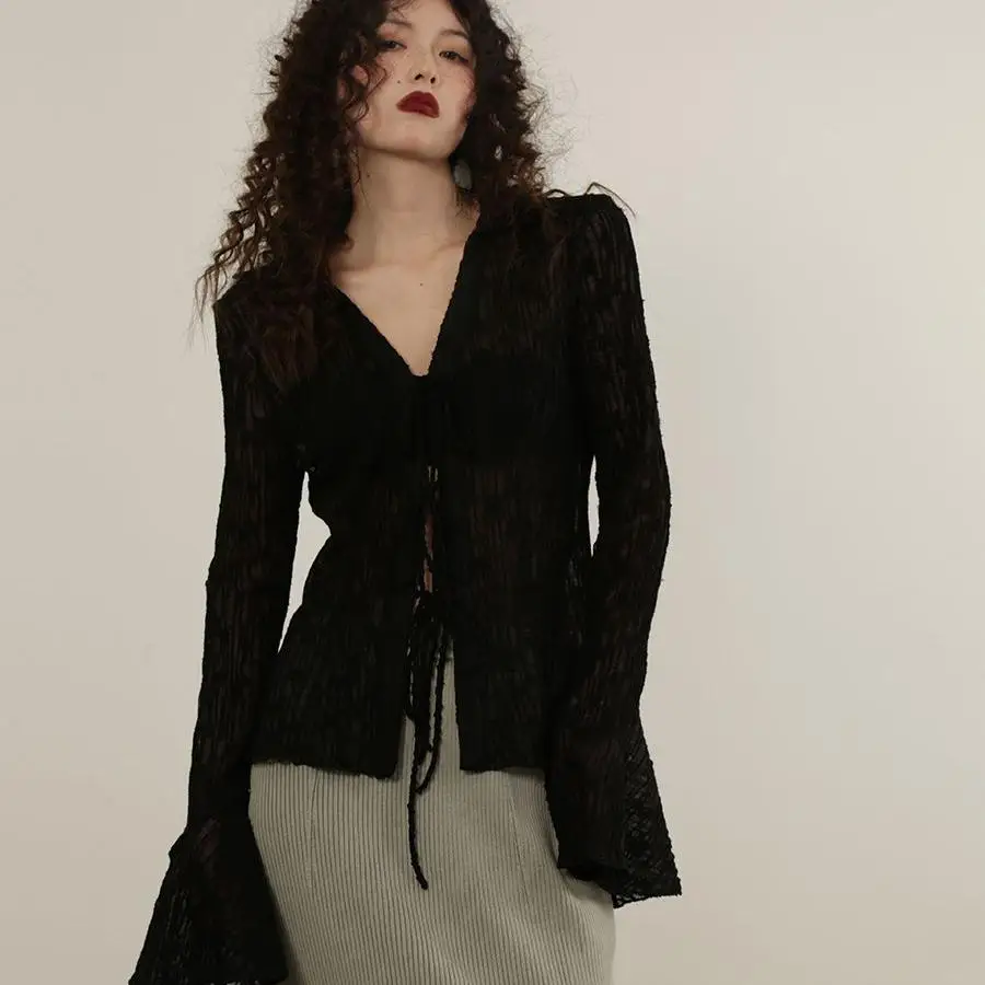 

Bla Chiffon Bell Sve Cardigan Women's Summer Outerwear irt Lightweight Lace Top Sun Protection Faion Korean Sle