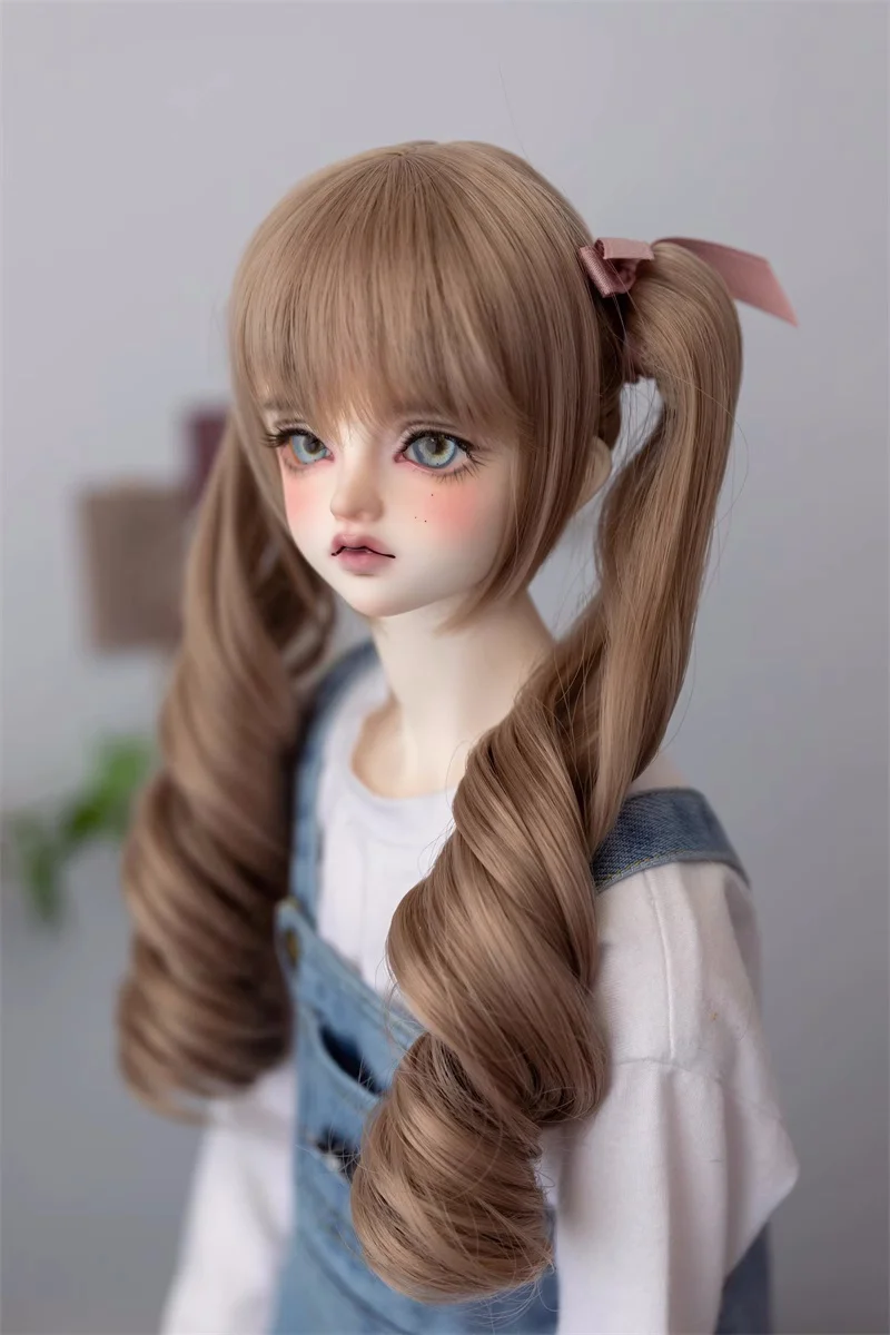 BJD 인형 스위트 걸 가발, 1/3 1/4 고온 실크 호랑이 입 클램프 활 더블 포니테일 긴 곱슬 머리 인형 액세서리