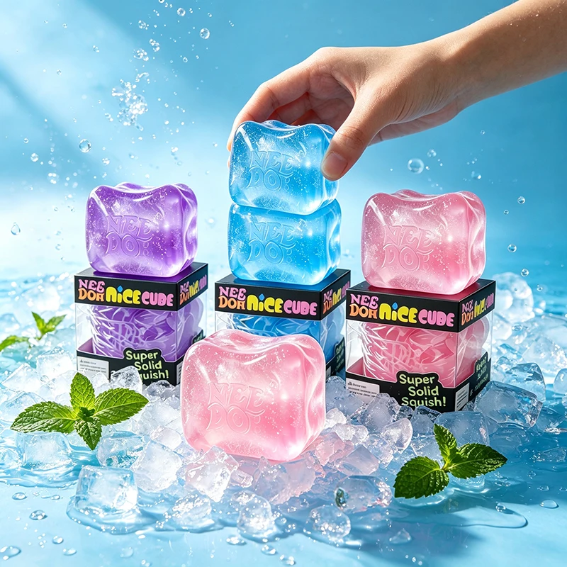Needoh Nice Cube Toy 7.5cm Giant Sparkle Blue Transparent Maltose Sensory Stretch Anxiety Relief Autism ADHD Adult Leisure Gift