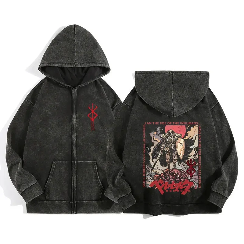 Support Custom Anime Berserk Wash Zip Up Hoodie Harajuku Retro Graphic Jacket Hooded Sweatshirt Cotton Hip Hop Men Hoody Coat