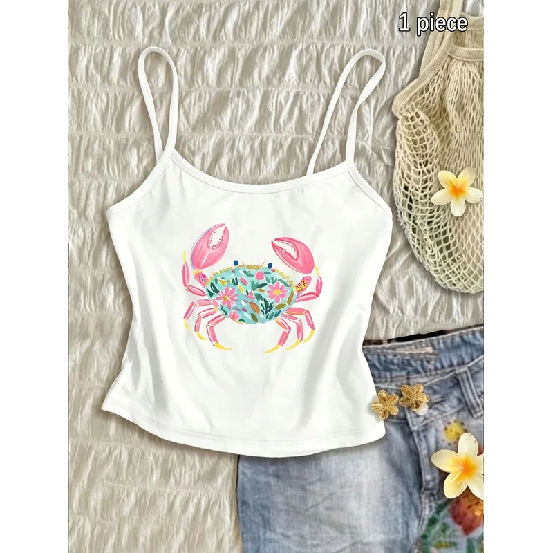 Women Cute Ocean Animal Floral Crab Graphic Cami Top Vacation Aesthetic Sleeveless White Spaghetti Strap Crop Tank Vest