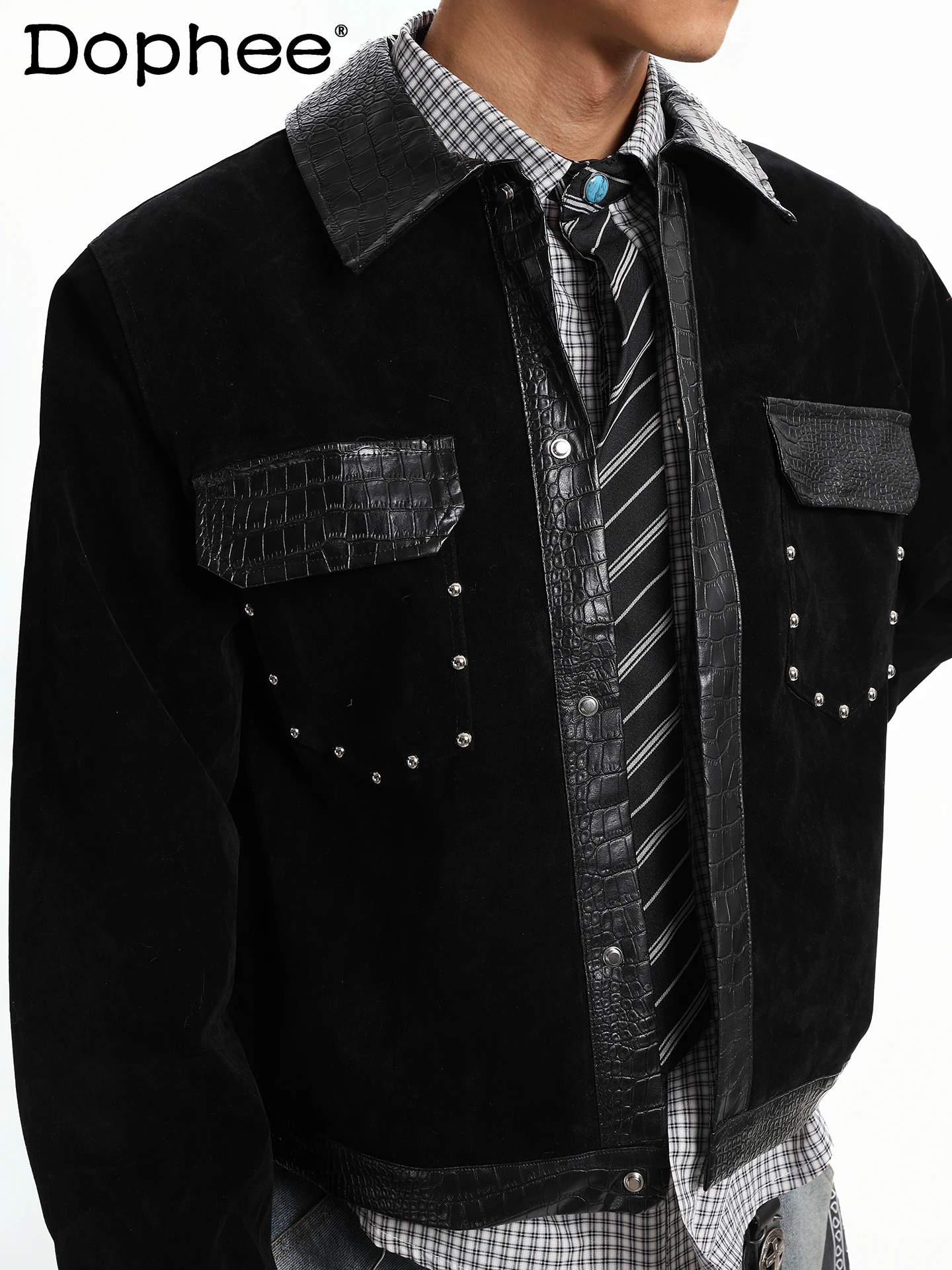 

2025 Autumn New Heavy Beaded Design Turn-down Collar Jacket Loose Casual Personality Youth Trendy Coat for Men