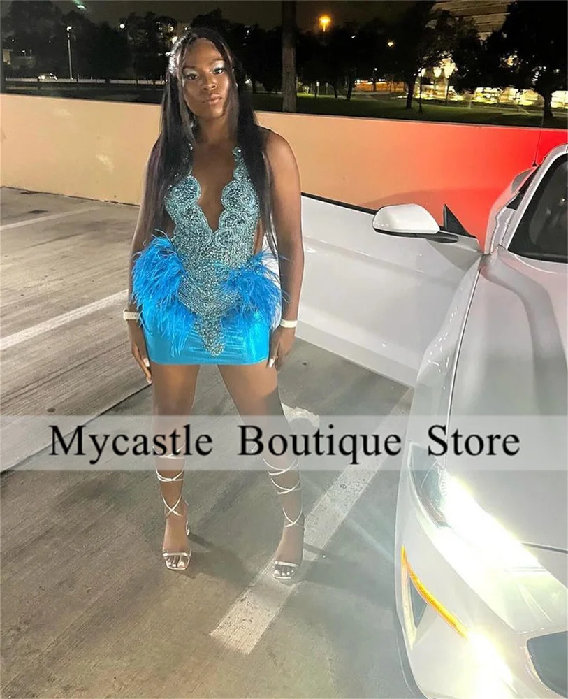 Blue Rhinestones Short Prom Dresses For Black Girls 2025 Beaded Crystal Feathers Mini Cocktail Homecoming Dress Customized