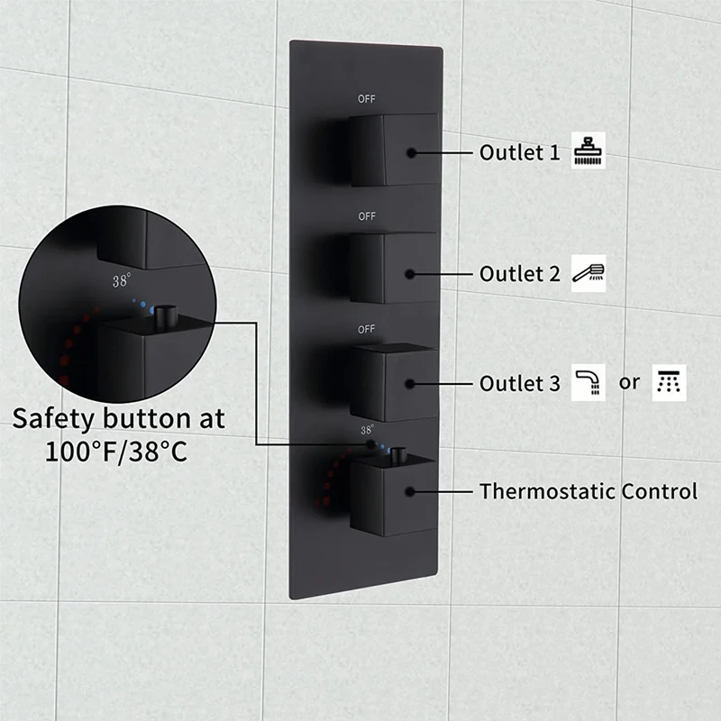 Matte Black Brass Concealed Thermostatic Mixer Shower Diverter Valve Kit 3-Way Outlet Function Massage Spray Replacement Faucets