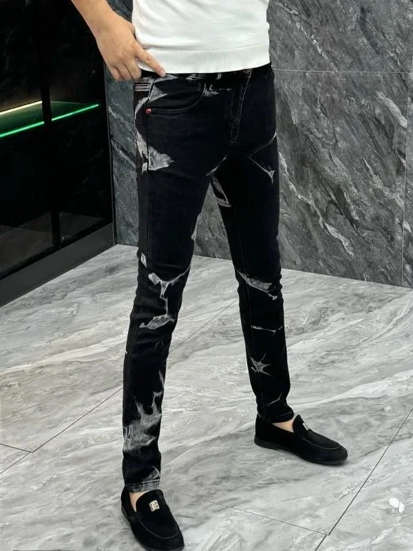 

High Waist Slim Fit Casual Jeans Men's High Elastici Faionable Bla Ink Wa Small Footed Pants Youth Trendy Sle