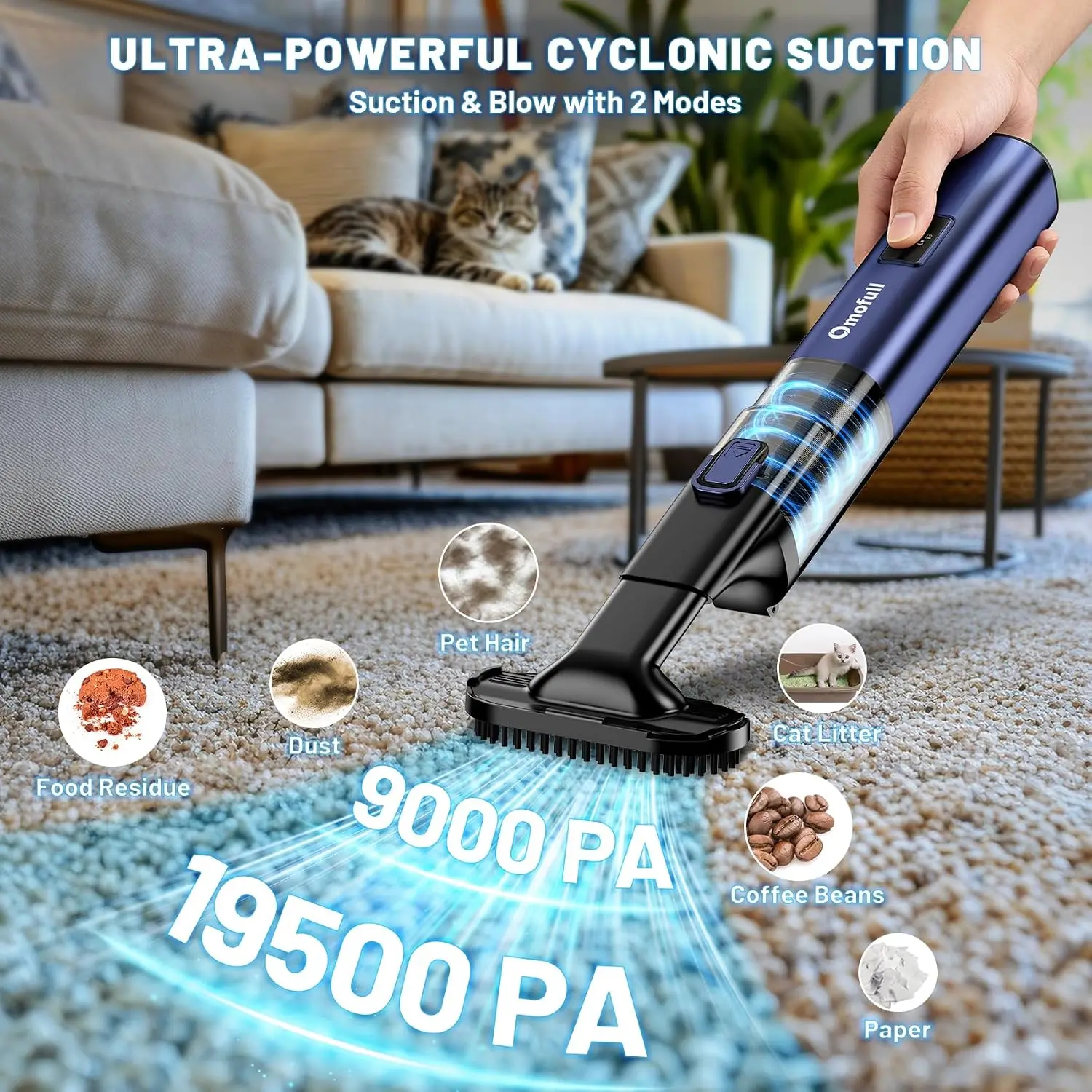 19500Pa Cordless Car Vacuum: 4-in-1 Handheld Vacuum Cleaner & Air Duster with Multi-Nozzles for Home, Office, Pet view 2