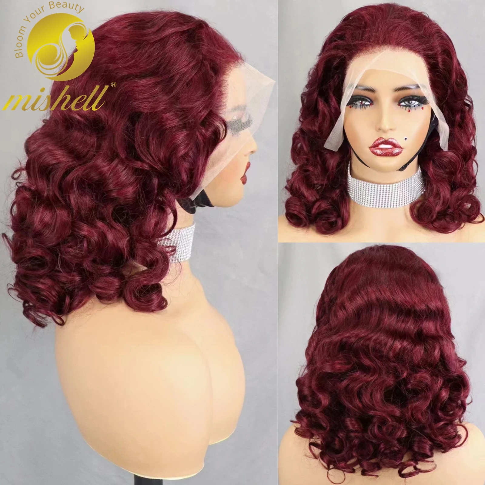 

300% Density Burgundy Bouncy Curly Human Hair Wig 14-24 Inch Brazilian Remy Hair Wig Transparent 13x4 Glueless Lace Frontal Wigs