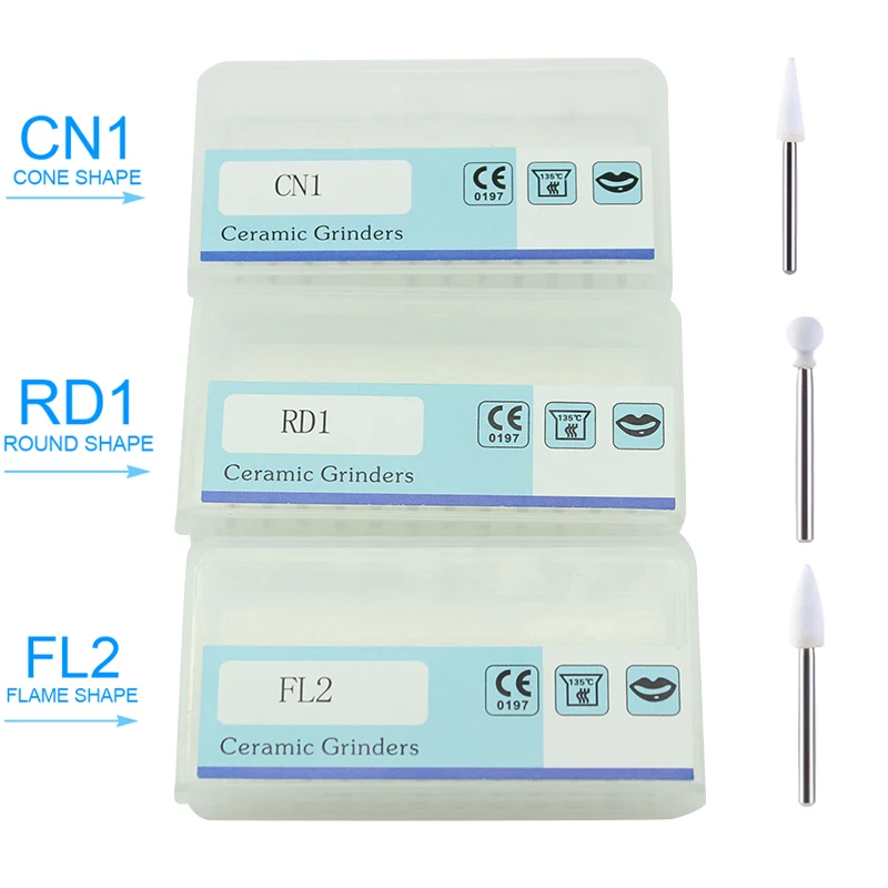 12 unids/caja Dental piedra blanca pulido FG fresas cono/flama/forma redonda fresa de abrasión apta para pieza de mano de alta velocidad 1,6mm