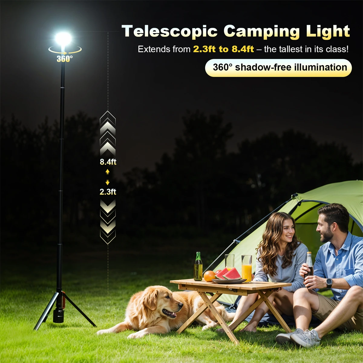 10 Lichtmodi, wiederaufladbare LED-Arbeitsleuchte, Innenhofleuchte, 8,4 Fuß Teleskopstativ. 5 Höhenverstellung, 3 Lichtmodi