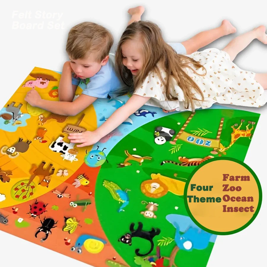 Farm Animals Felt Story Busy Board 4 IN 1 Themed Storytelling Farm Sea Zoo Vehicle Early Learning Interactive Wall Hanging Gifts