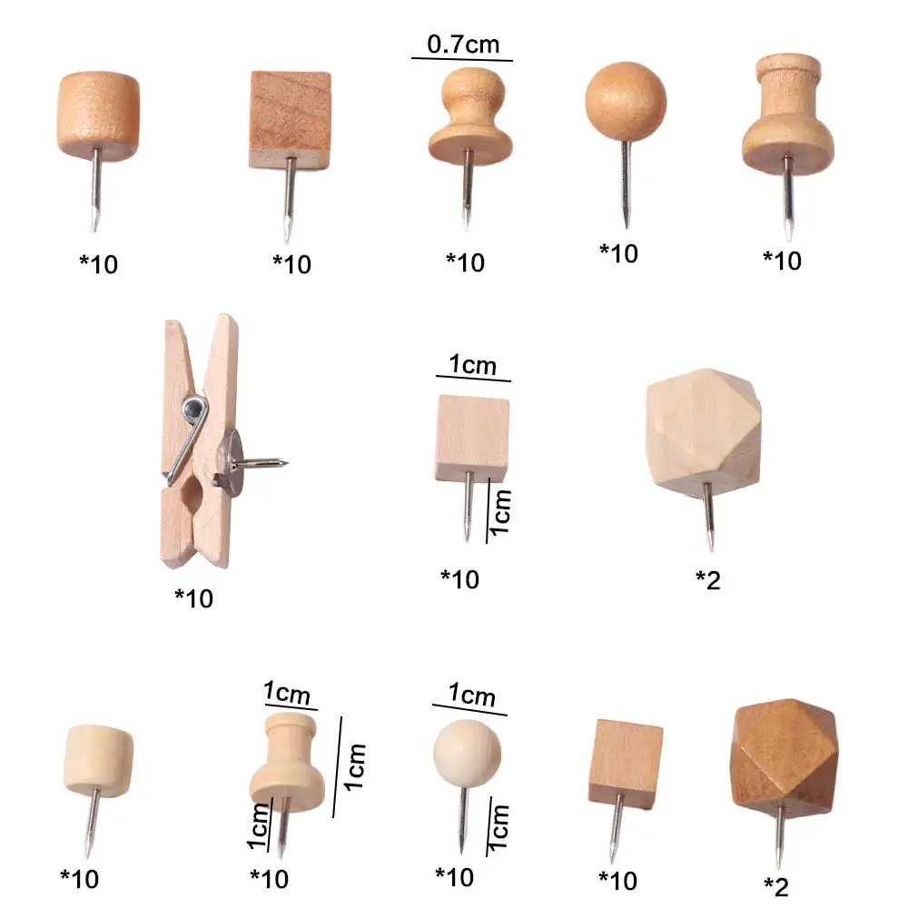 114Pcs Decorative Wood Push Pins Wooden Various Style Drawing Thumb Tacks Fixing Photos with Storage Box Cork Board Thumbtack