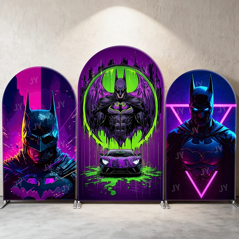 Batman Neon Cyber Theme Arch Backdrop Cover Purple Green Drip Cartoon Background For Kids Birthday Baby Shower Party Decoration