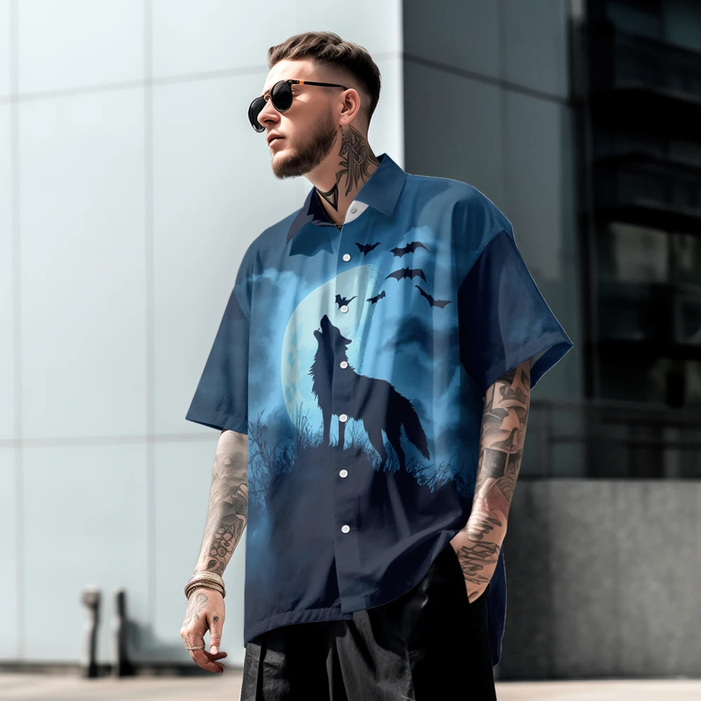 

Summer casual oversized short sleeved shirt with wolf print, loose fit, comfortable Hawaiian beach trend, single breasted