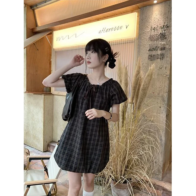 MEXZT Vintage Plaid Mini Dress Women Japanese Kawaii Bow Bandage One Pieces Dresses Summer Puff Short Sleeve A Line Vestidos New