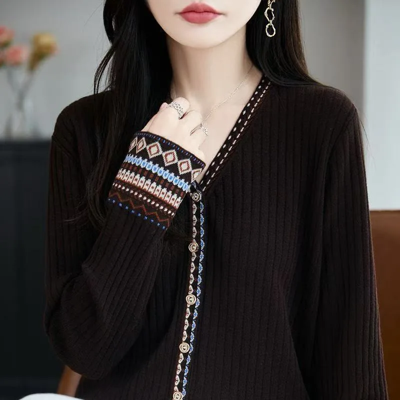 جديد طويل الأكمام محبوك سترة المرأة بالأزرار عادية الخامس الرقبة متماسكة سترة سترة المرأة بلايز Sueter Feminino تريكو Q1639 #3