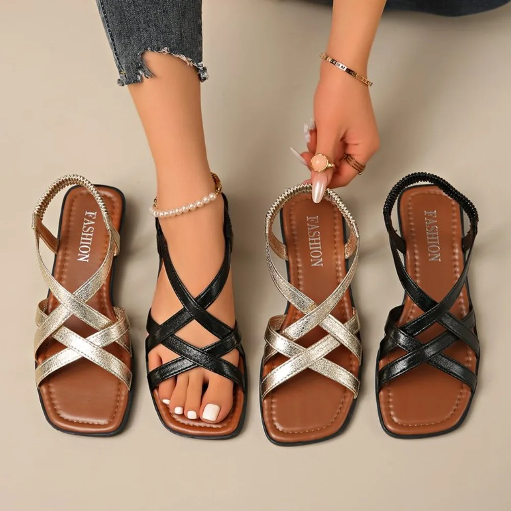Große Größe Modische Römische Kreuzriemen-Sandalen mit Flachem Boden Damen-Strandsandalen mit Elastischem Band Bequeme Damensandalen – Detail 5