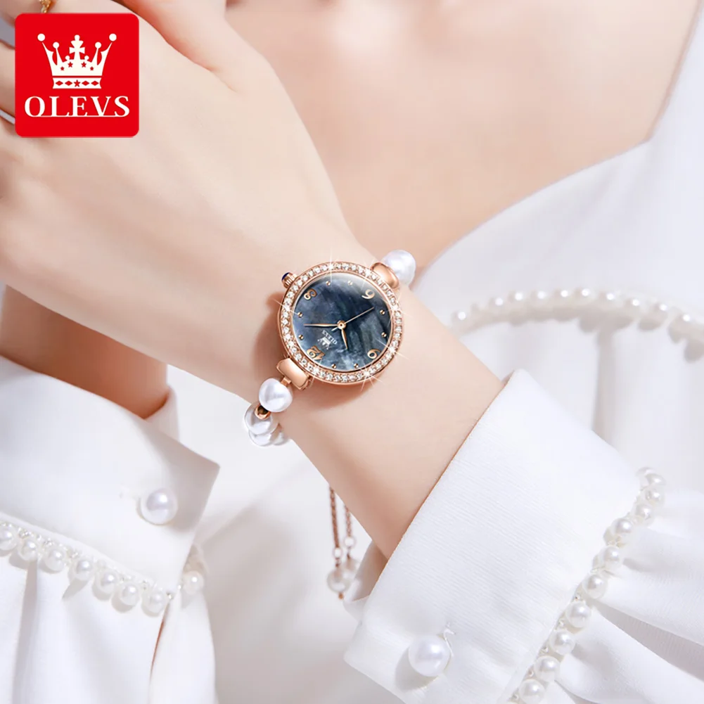 OLEVS Original Brand Women\'s Watches Fashion Pearl Chain Strap Waterproof Popular Quartz Watch Student Girl Trendy Diamond Inlay