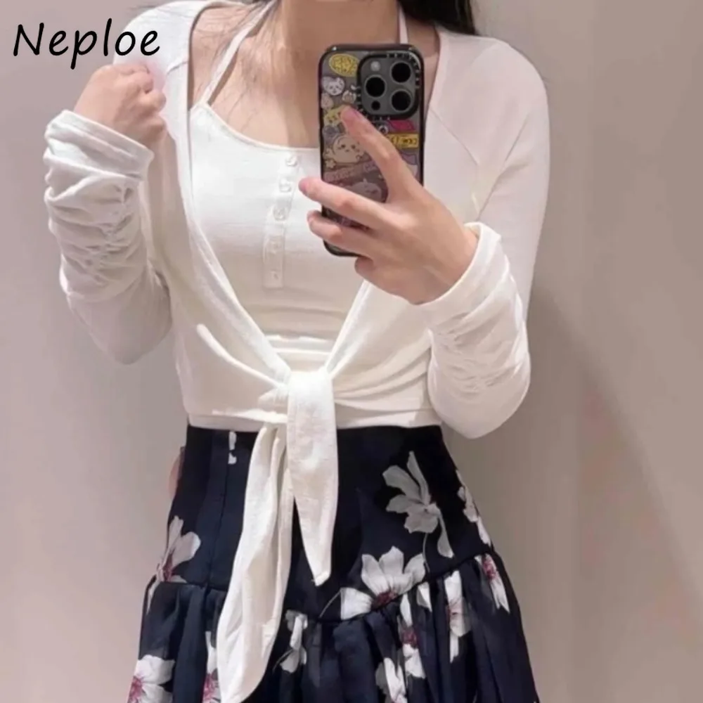 

Neploe New Sweet Halter Sling Set Top Knit Solid Long Sleeve Casual Office Lady Cardigan Japan All-match Fresh Ballet Suit Top