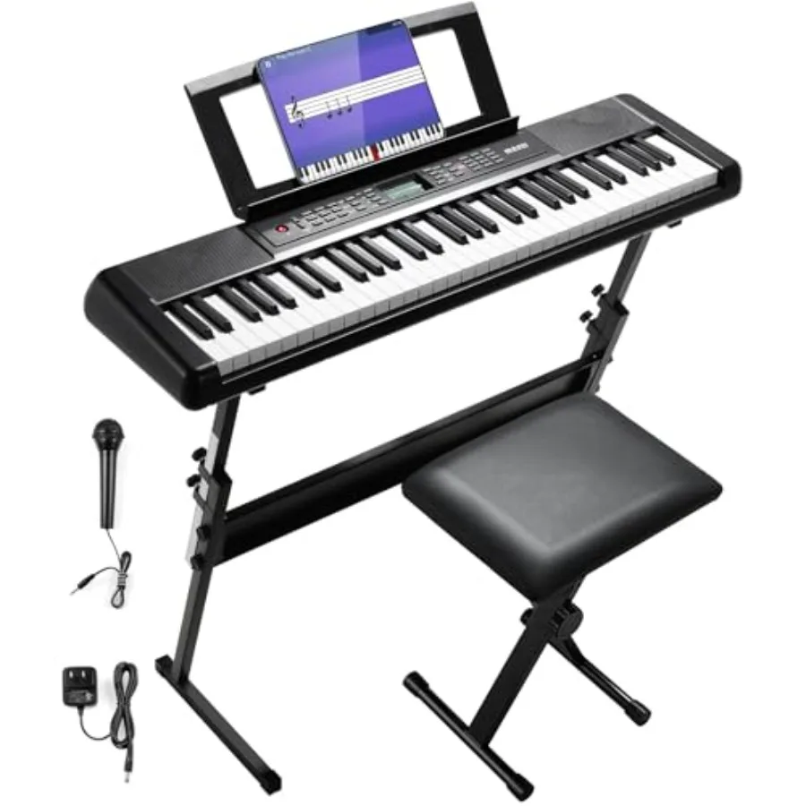 

LIFERUN 61 Key Piano Keyboard Electric Keyboard Kit with Stand Foldable Bench Holder Microphone LCD Screen Dual Speakers in Bla