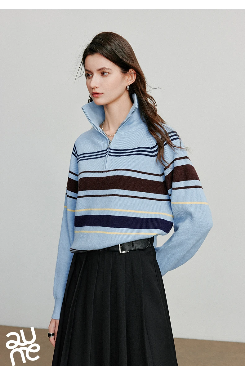 TOYOUTH Women Knitted Sweater 2026 Autumn New Fashionable Style Striped Zipper High Collar Woolen Pullover Sweater Tops