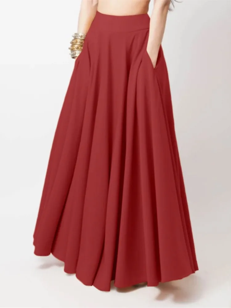 

Spring Summer New High Waist Skirts Women's Solid Temperament Pleated Fashion Casual Elastic Waist A-line Party Skirt For Female