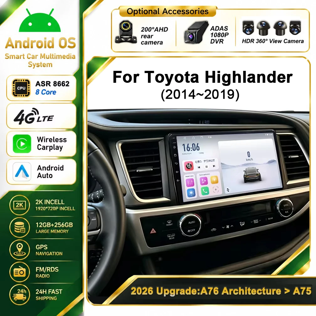 Cortex-A76 Octa-Core Android 16 Car Radio For Toyota Highlander 2014 - 2019 Stereo Head Unit Multimedia Player Touch Screen Wifi