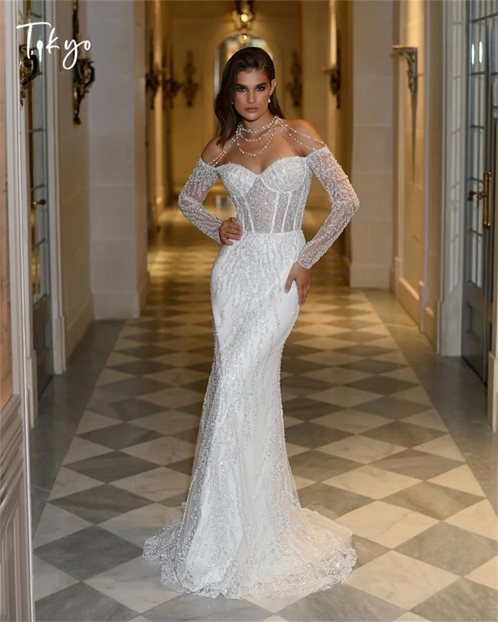 طوكيو مخصص أنيقة قبالة الكتف فساتين الزفاف كم طويل حورية البحر زي العرائس 2025 ذيل محكمة بيضاء فساتين الزفاف