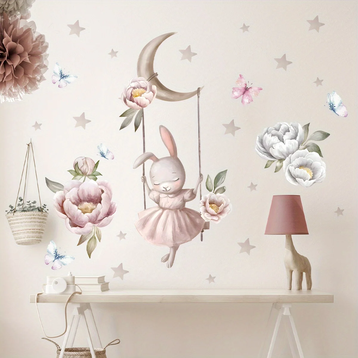 Cartoon Cute Rabbit The Swing Flower Butterfly Animal Wall Stickers for Bedroom Living Room Nursery Decoration Wall Decals