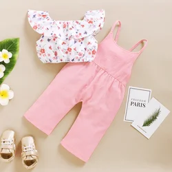 2PCS Clothes Outfit Toddler Girl Sleeveless Floral Top+Pink Strap Pants Summer Fashion Lovely Costume for Kids Girl 1-5 Years