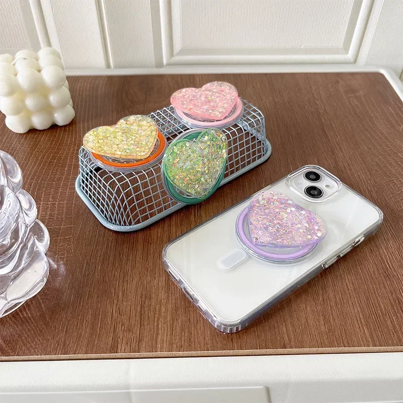 Elegante Glitter paillettes Love Heart Smart Tok per telefono magnetico Magsafe Griptok Grip Tok Stand supporto universale per telefono Smart Tok