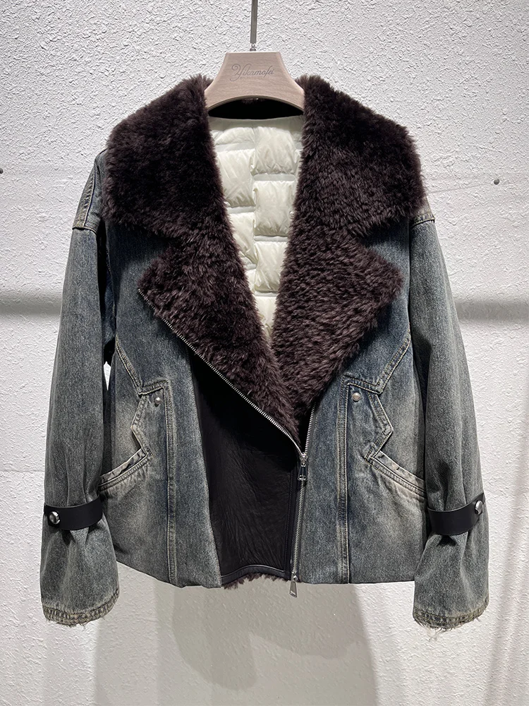 2025年女性用冬物天然メリノ羊毛襟付きダックダウンジャケット、スイートスタイル高級婦人コート、ストリートウェア