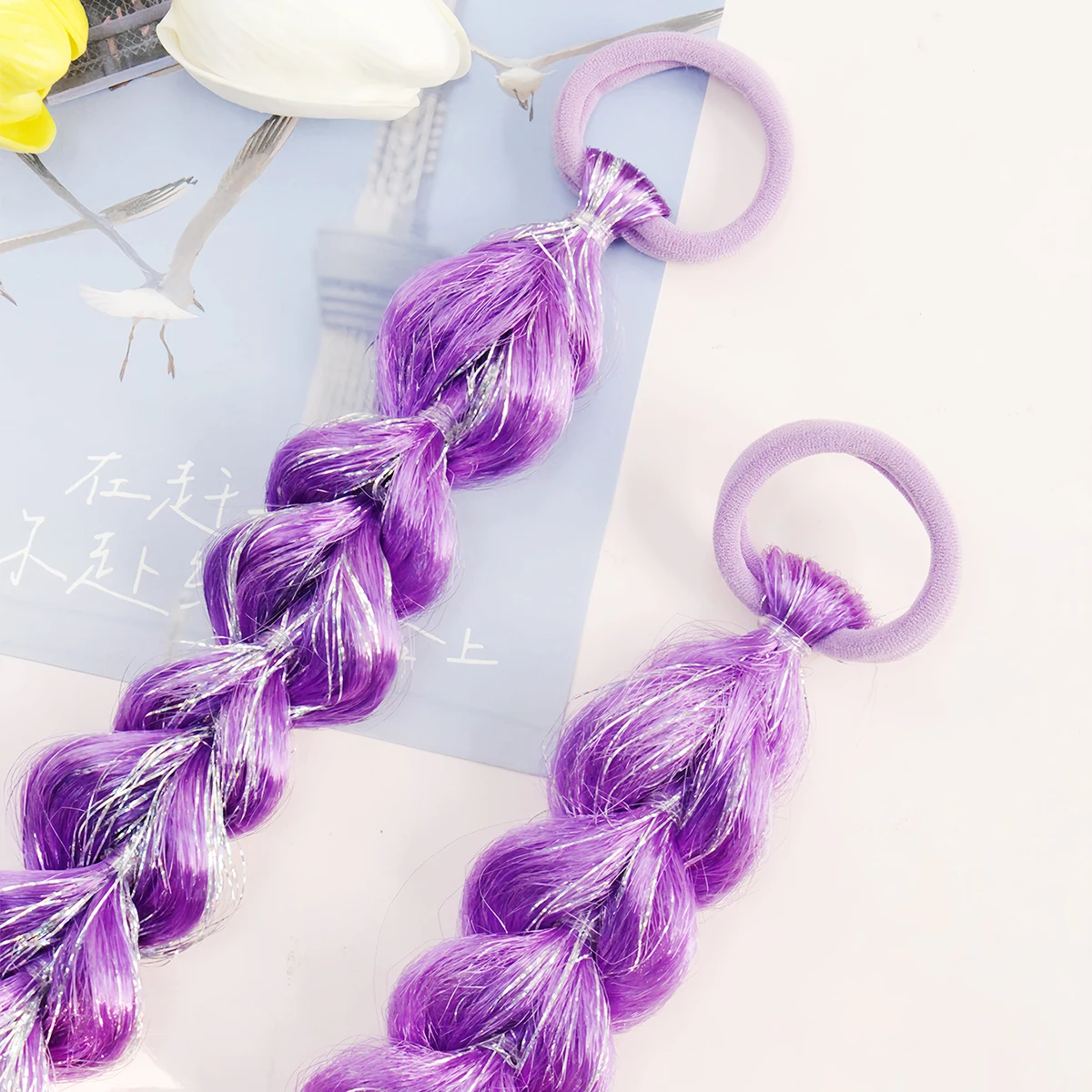 

Объемные фиолетовые косы в форме сердца для весны и лета, милые и очаровательные блестящие синтетические косы с блестками