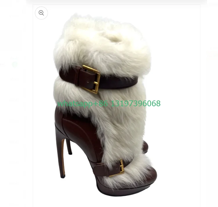 Lady white fur fax buckle strap ankle boots winner fall dress sexy party high heels vintage brown color PU boots feather shoes