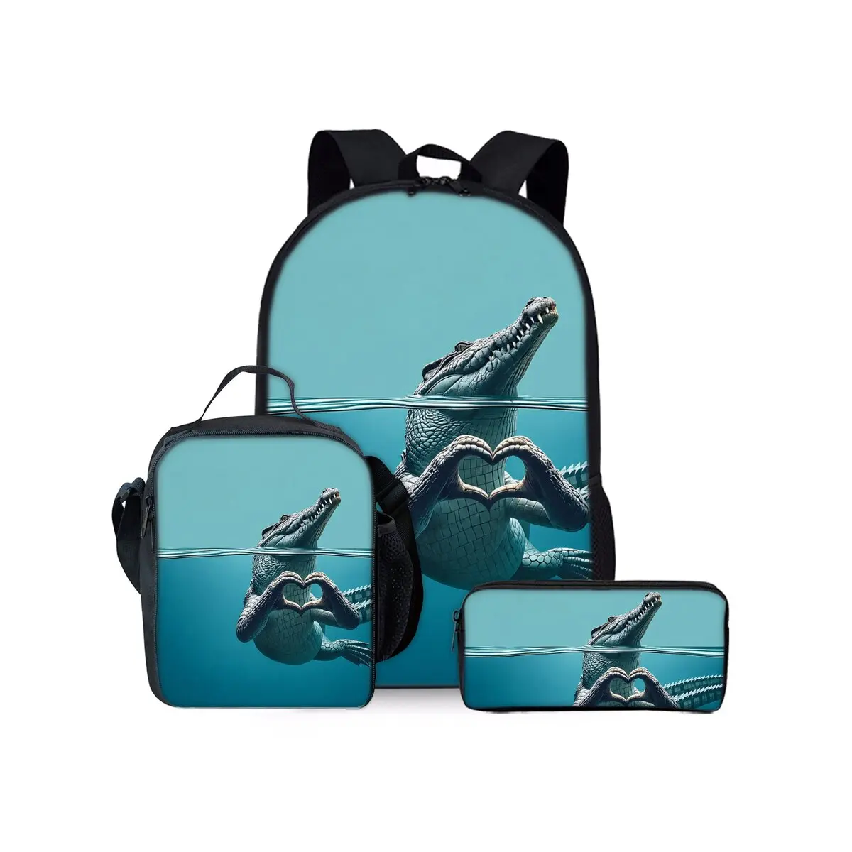 Love Crocodile Print Three Piece Backpacks Set for Boy and Girls Best Gifts 2D Flat Cartoon School Bag for Children