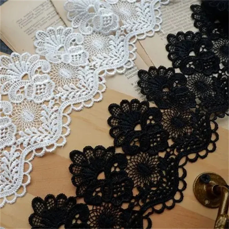 8CM Wide Exquisite White Black Cotton Embroidered Fringe Ribbon 3d Flowers Lace Trim Curtains Dress DIY Home Sewing Supplies