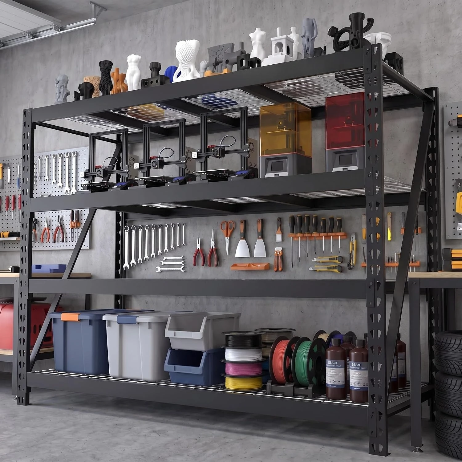 Heavy Duty Metal Garage Shelving Unit, Multi Tier Freestanding Utility Storage Rack For Warehouse Basement Workshop Shed, Adjustable Wire Shelf Stand, Modern Industrial Style, Black, 1 Pack