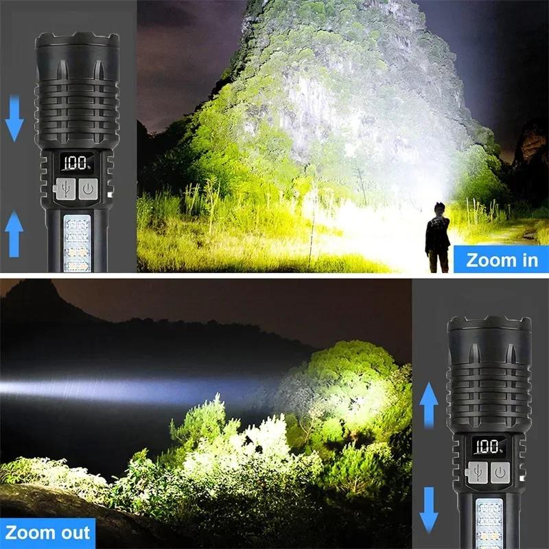 Lanterna LED de Alta Potência Portátil com Zoom, Recarregável Tipo-C, à Prova d'Água com Lâmpada Lateral COB para Acampamento e Caminhadas ao Ar Livre
