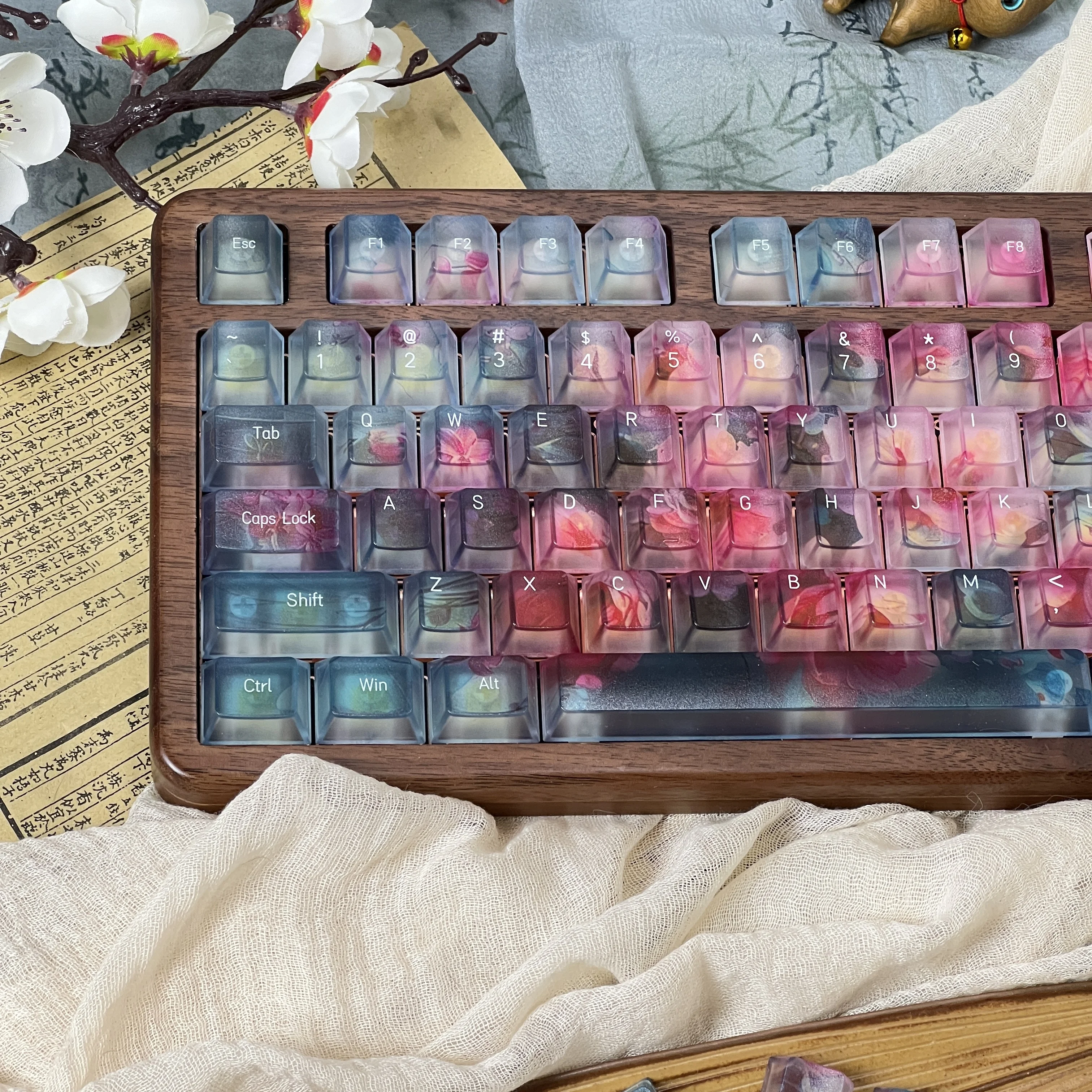Keycap Floating Flower Pc Translucent 3D Chinese Style Pattern Halo Mist Through Matte Texture Diy Translucent Key Cap