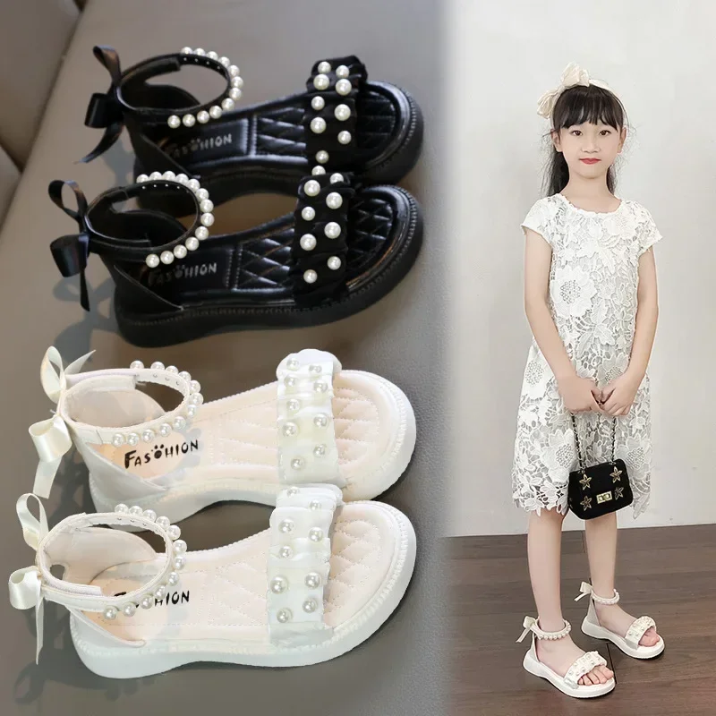 

2024 Rome Child Sandals for Girls Fashion Beading Bowtie for Kids Children Beach Shoes Girls Summer Sandal Princess Flat Shoes