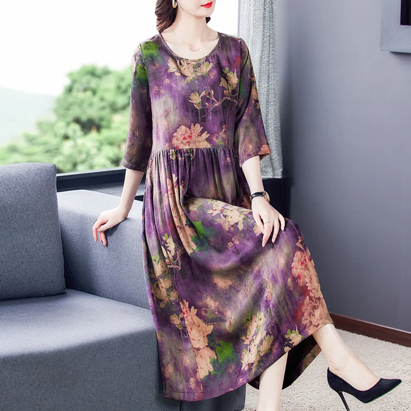 Floral Ladies Natural Silk Loose Midi Summer Fashion Elegant O Neck 2023 Korean Style Tight Casual Office WomenDress