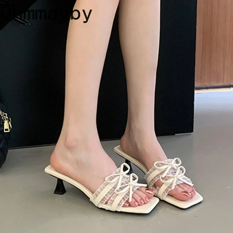 

Summer Floral Print Stiletto Heel Slippers Women Square Toe Slip On Slides Ladies Elegant Party Wedding Evening Pumps Shoes