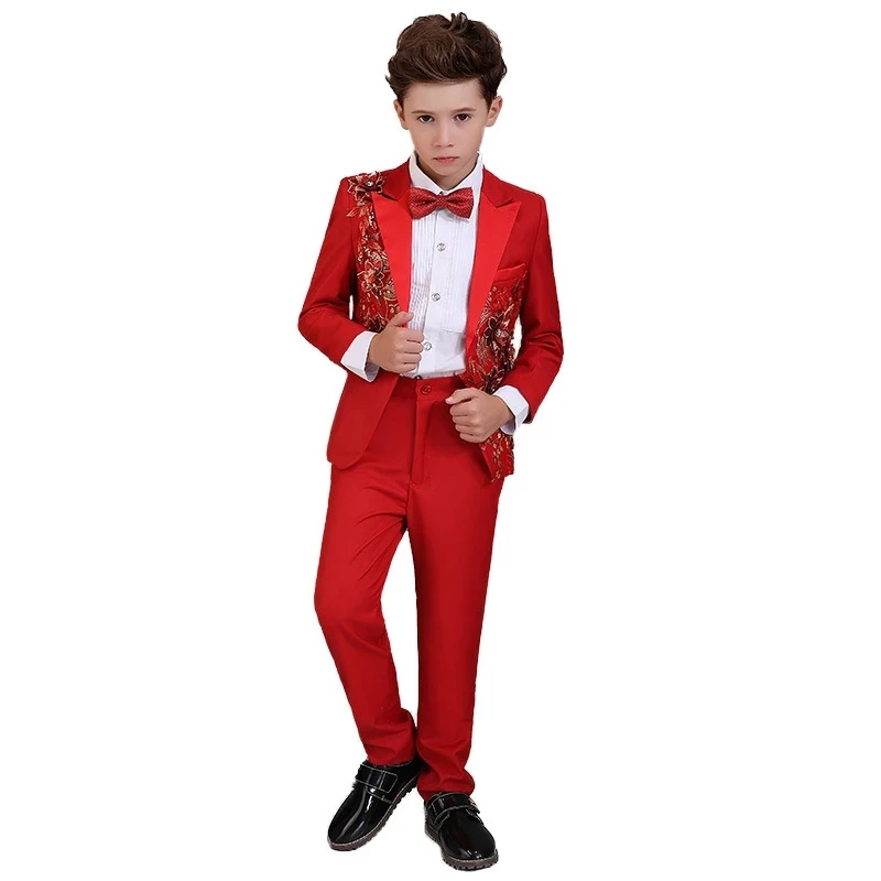 

Red Lace Beading Formal Flower Boys Wedding Suit Children Evening Dress Host Party Piano Performance Pageant Dresses Clothing