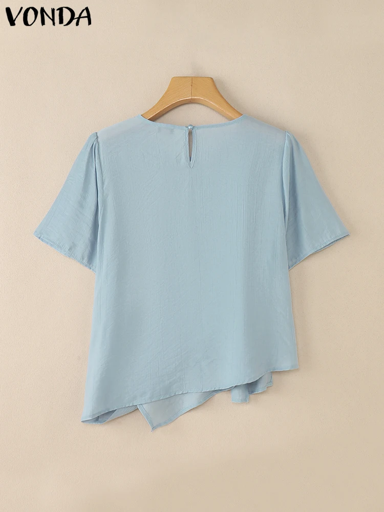 VONDA Women Blouses 2025 Summer Tops Fashion Short Sleeve Solid Pleated Shirts Casual Loose Round Neck Sweet Korean Blusas Femme