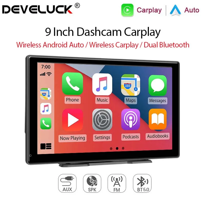 Develuck 9 Inch Carplay MP5 Portable Smart Player Monitor Wireless Android Auto&Carplay Dual Bluetooth Music AUX USB BT 5.0 IPS